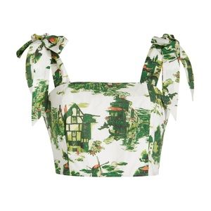 JILL PRINT TIE STRAP COTTON POPLIN CROP TOP IN VENETIAN STORY GREEN